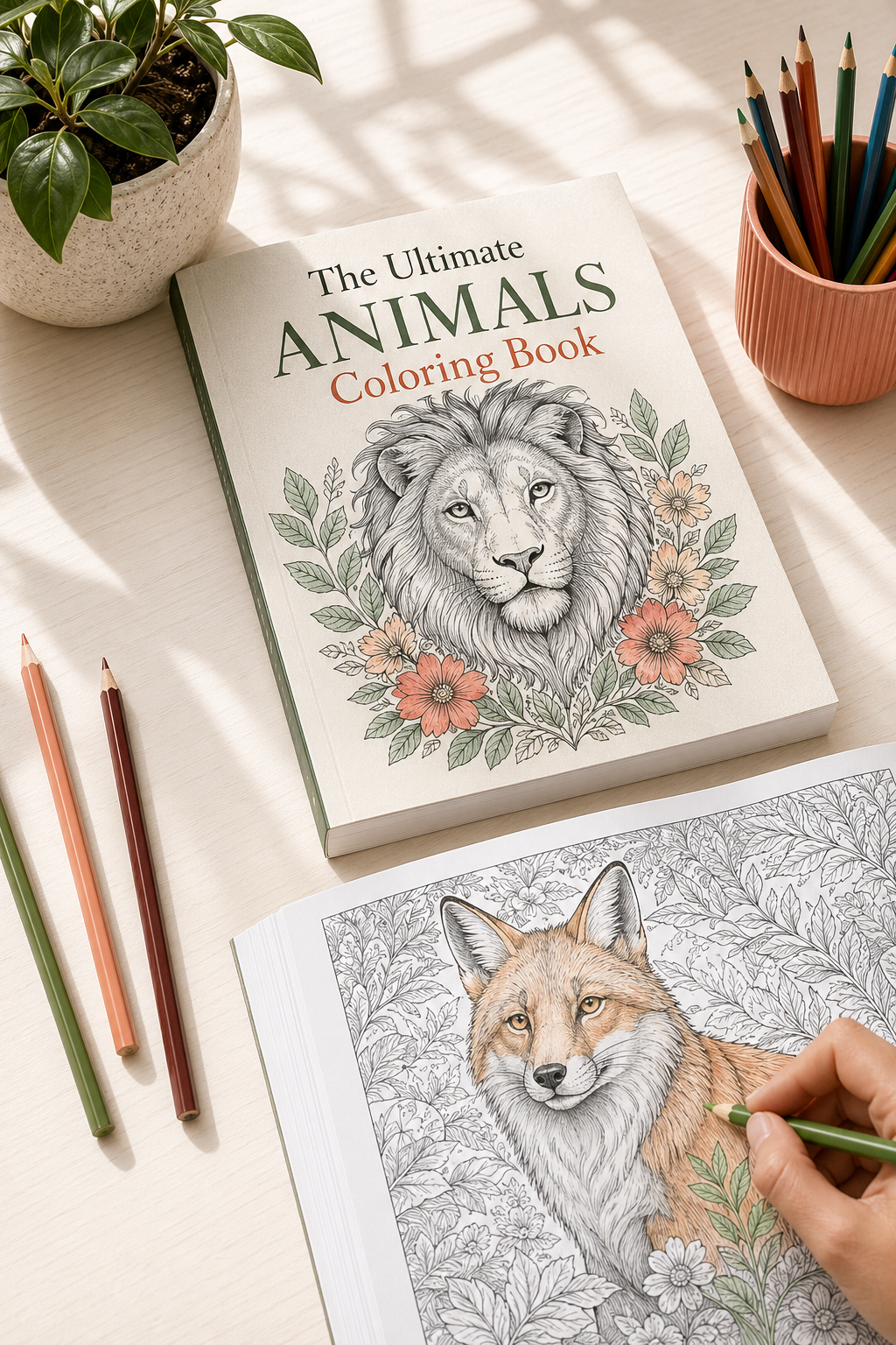 Animal coloring book with pencils and a fox coloring page being filled in by hand