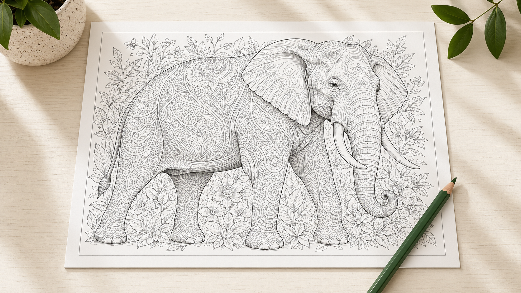Intricate elephant coloring page with a green pencil