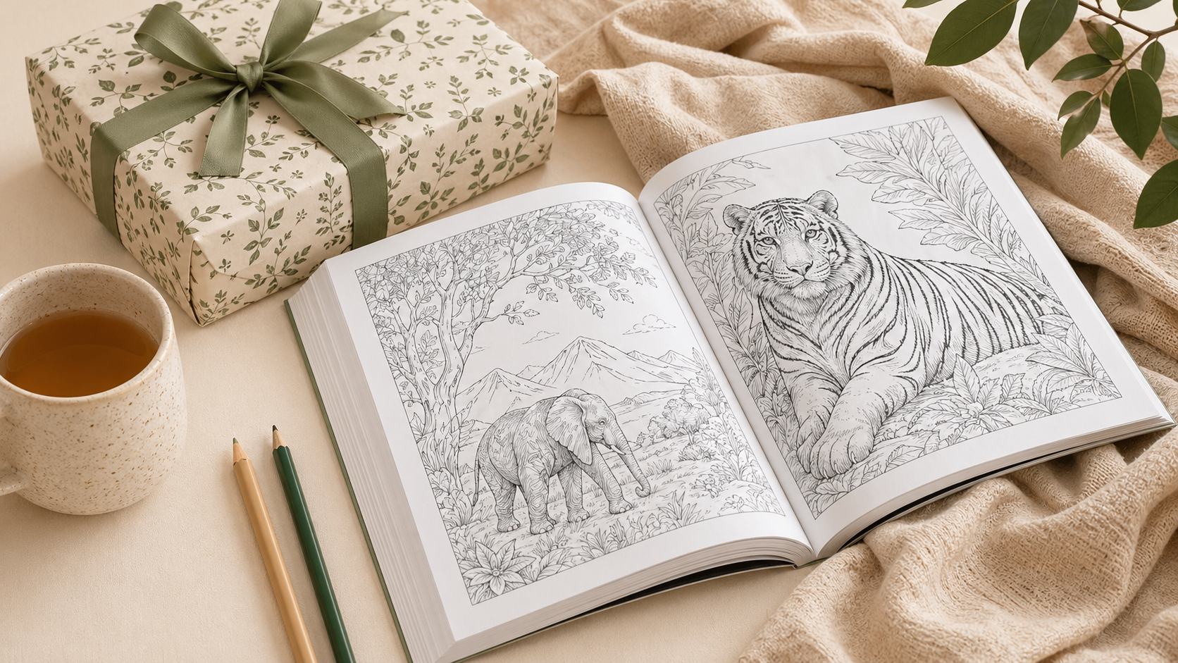 Open animal coloring book with tea, pencils, and a wrapped gift