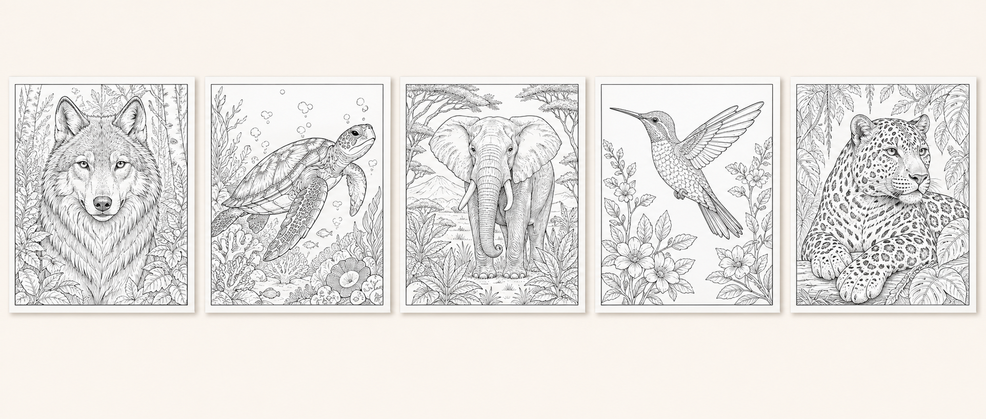 Five sample animal coloring pages: wolf, turtle, elephant, hummingbird, and leopard